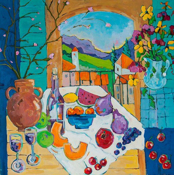 Carla Spence's still life of the South of France, Apres Midi #2, reflects her preoccupation with the color and shape of things, of landscapes, of details in the ordinary components of life.