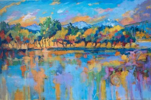 "Sunset at Black Butte" is a landscape painting in acrylic by Carla Spence.
