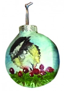 A tiny fine art original ornament by Helen Brown, watercolor painted on rice paper.