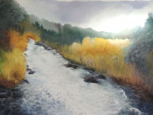 "Love Is A Mountain Stream", a soft pastel painting by Marty Stewart in her October show at Tumalo Art Co.