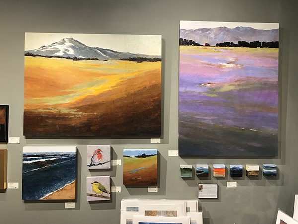 Sarah B Hansen has a variety of work on her wall at Tumalo Art Co.