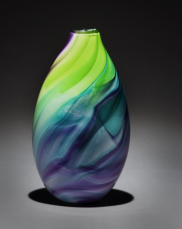 Lime blue hand-blown glass vase by Nancy Becker