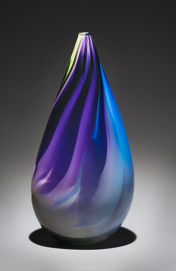 Elegant purple swirl hand-blown glass vase by Nancy Becker