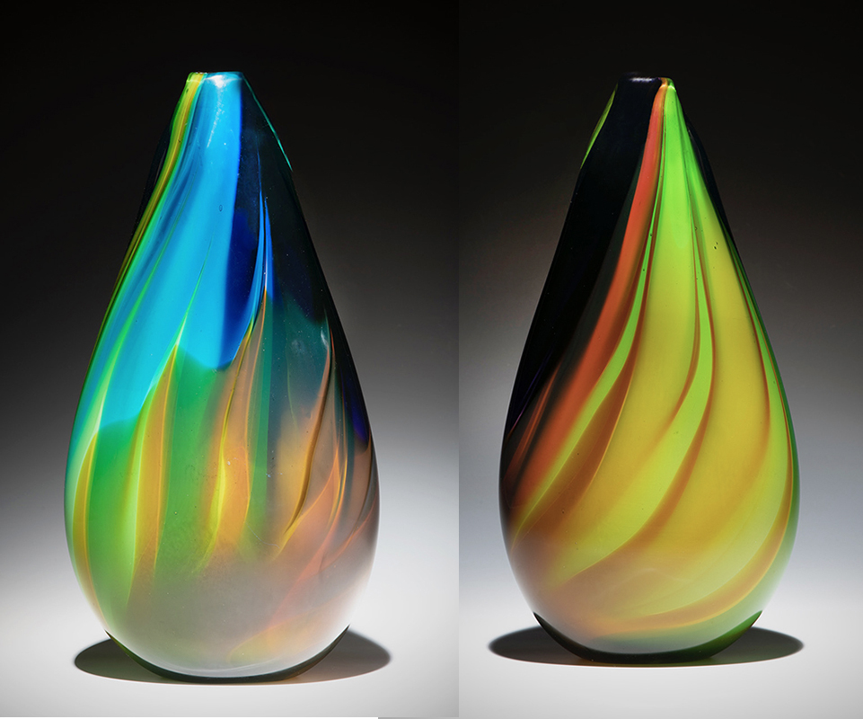 Both sides of Nancy Becker's "Reflections on Sparks Lake" hand-blown glass vessel