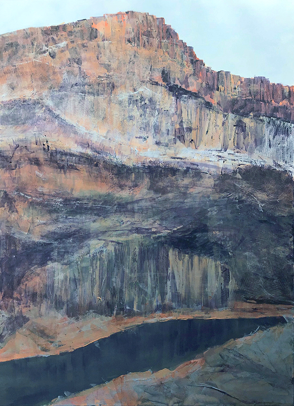 A dramatic painting by Anne Gibson of a Central Oregon river Canyon