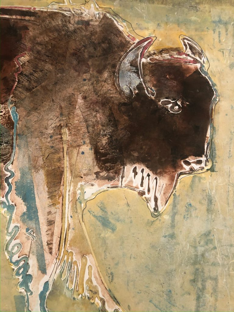 Danae Bennett-Miller creates a buffalo in collage monoprints with polyurethane layers on cradled board.