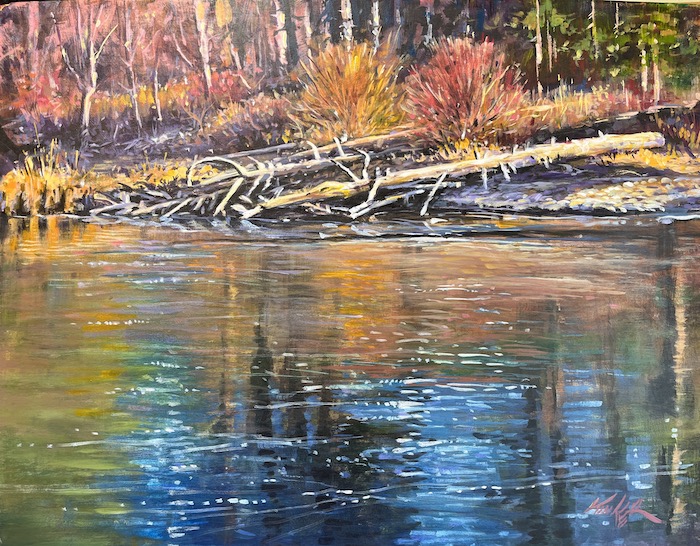 Sundrops, an acrylic painting by David Kinker of the river and autumn foliage