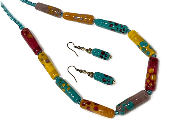 Multi-Colored Cylinder Glass-beaded Necklace & Earrings—Danica Curtright