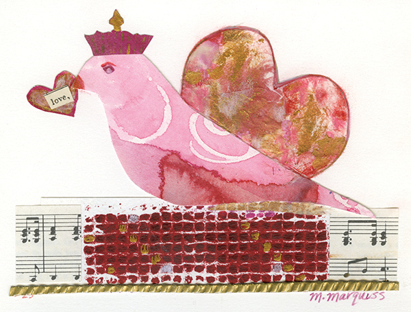 Hand-made art cards for Valentine's Day by Mary Marquiss.