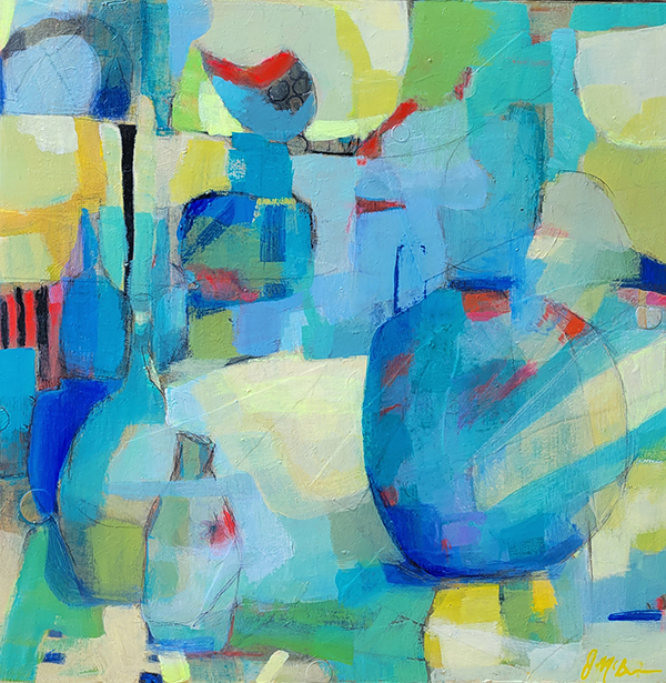 An abstract using blues and greens with what could be a red bird
