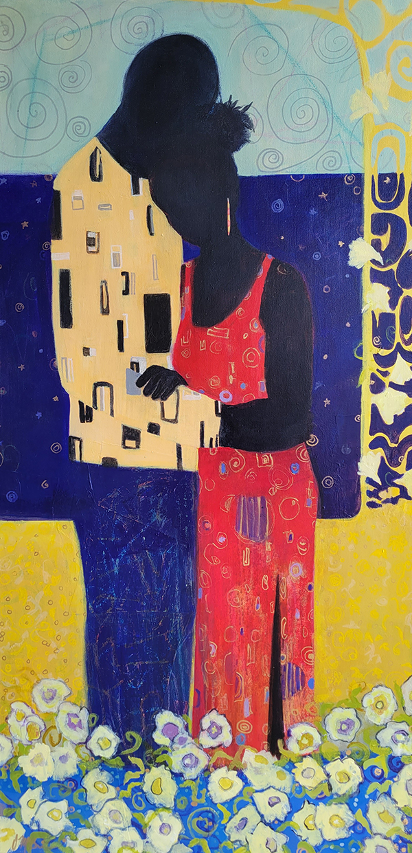 An abstract figurative painting of a couple at their wedding 