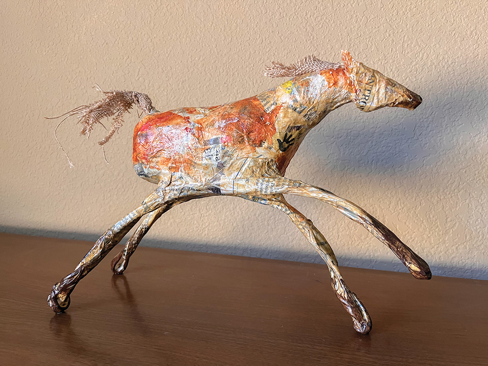 Collage sculpture of a horse by Shelli Walters.