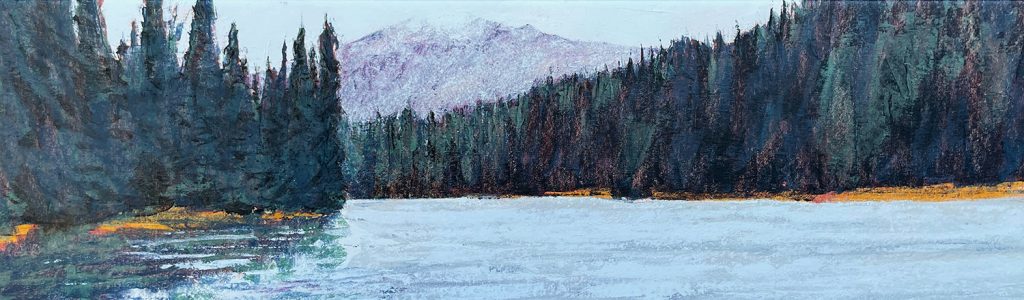 panoramic art of a mountain lake by Anne Gibson