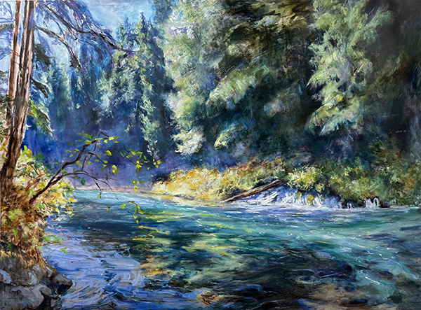 the spring-fed Metolius River in blues and greens by Alisa Huntley.