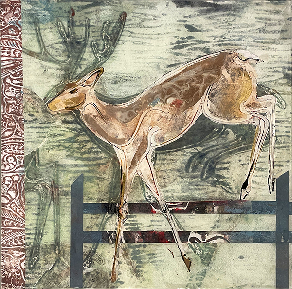 This monoprint on cradled board featuring a deer leaping a ranch fence captured the feeling of wildlife seen everyday on our lands
