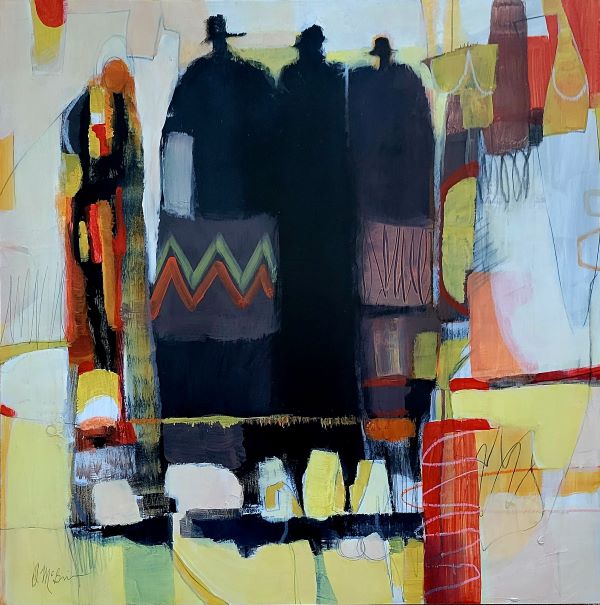 An abstract painting by Dee McBrien-Lee with western figures.