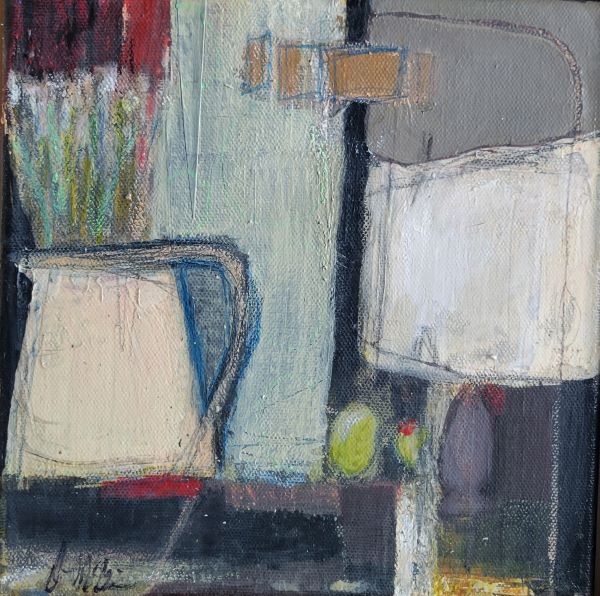 Abstract in muted tones with martini olives by Dee McBrien-Lee.