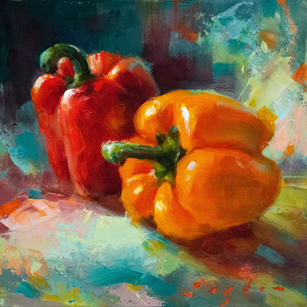 peppers still life painted by Katherine Taylor in oil