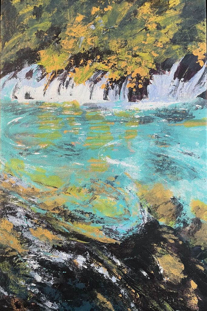 Darkness and Light, is an acrylic painting by Anne Gibson on canvas of a small waterfall entering an aqua pool of water on Oregon's Metolius River