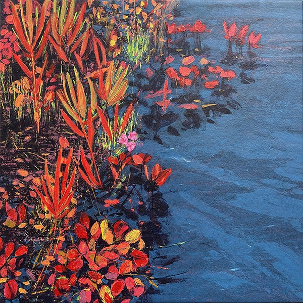 Vivid red of lakeshore plants and reflections of blue water, a painting by Anne Gibson