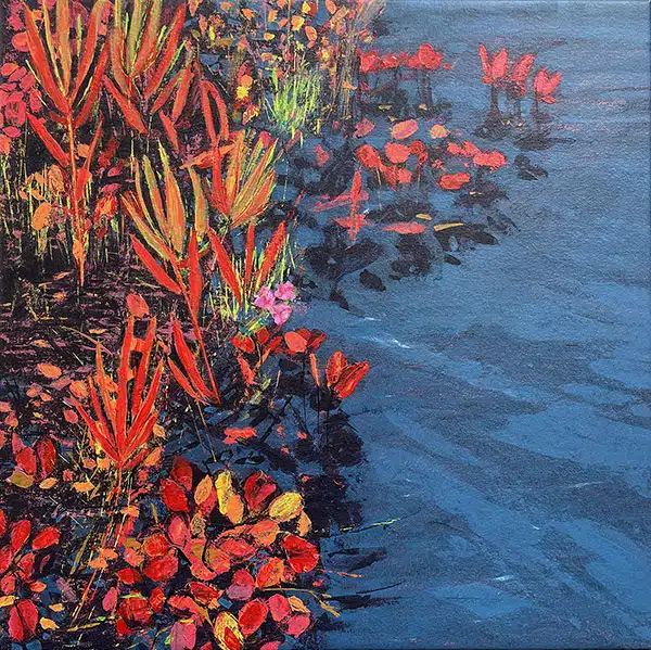 Vivid red of lakeshore plants and reflections of blue water, a painting by Anne Gibson