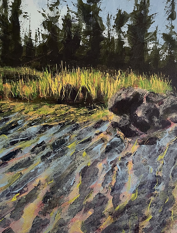 A dramatic image of the trees and water with small waves. An acrylic painting on canvas by Anne Gibson